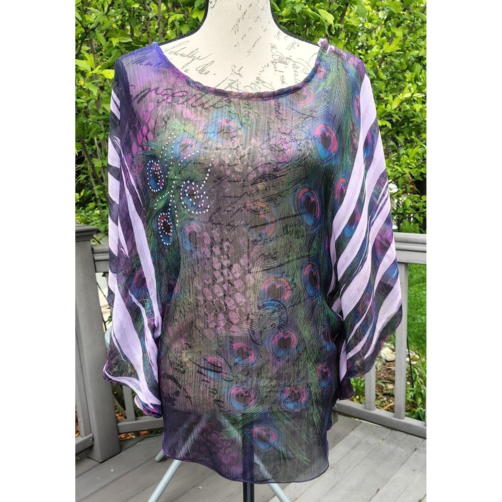 Lavish Whimsygoth Womens Sheer Peacock Print Rhinestone Embellished Tunic Top L